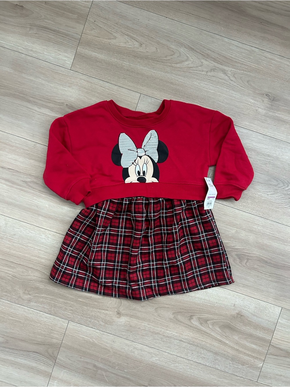 Minnie Mouse Red Cropped Sweatshirt Dress with Plaid Skirt